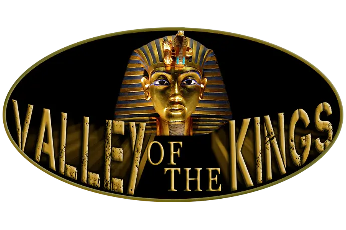 Image of a sarcophagus head with the words "Valley of the Kings" written below 