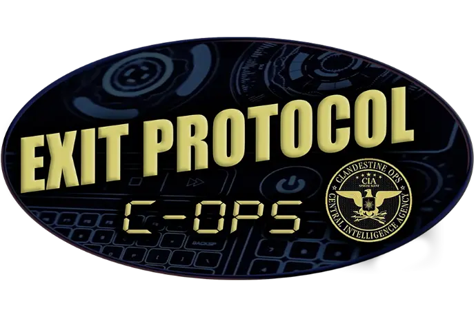 Image shows a government agency seal with the words "Exit Protocol, C-Ops" in the foreground