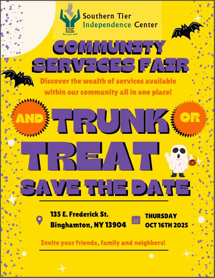 Image shows community services fair and trunk or treat save the date. Thursday October 16th. Spooky but informative and fun.