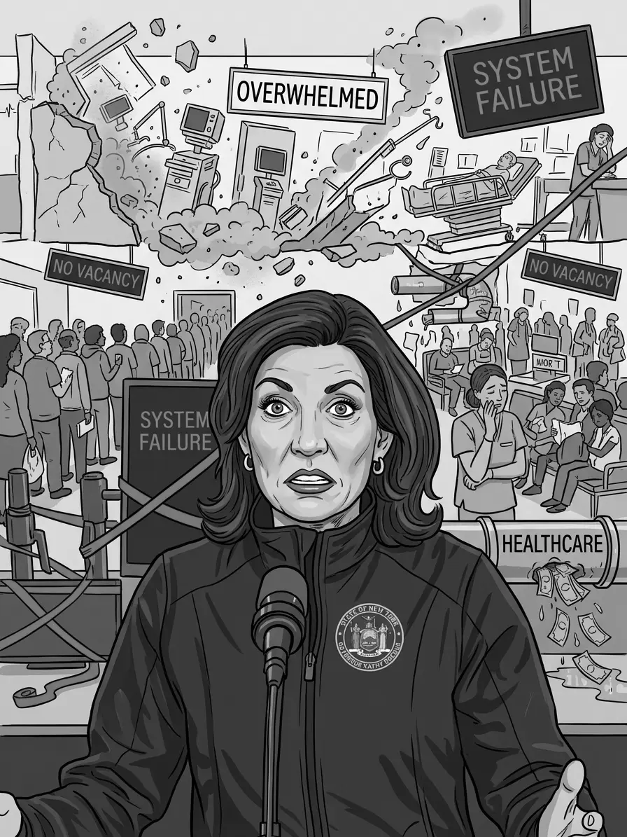 A black-and-white illustration of Governor Kathy Hochul speaking at a podium into a microphone, looking directly forward with a serious, concerned, and slightly bewildered expression. She wears a jacket with the seal of the New York Governor.  Behind her is a chaotic hospital scene. Medical equipment appears broken or overturned, with debris and dust clouds in the air. Several signs read “SYSTEM FAILURE” and “OVERWHELMED.” Groups of people stand in long lines beneath “NO VACANCY” signs, indicating overcrowding. Patients lie in hospital beds while healthcare workers and others nearby appear distressed or anxious.  In the lower right, a pipe labeled “HEALTHCARE” is shown leaking money, symbolizing financial strain or loss. Overall, the image conveys a sense of crisis and collapse within the healthcare system, with the speaker struggling to address the situation publicly.