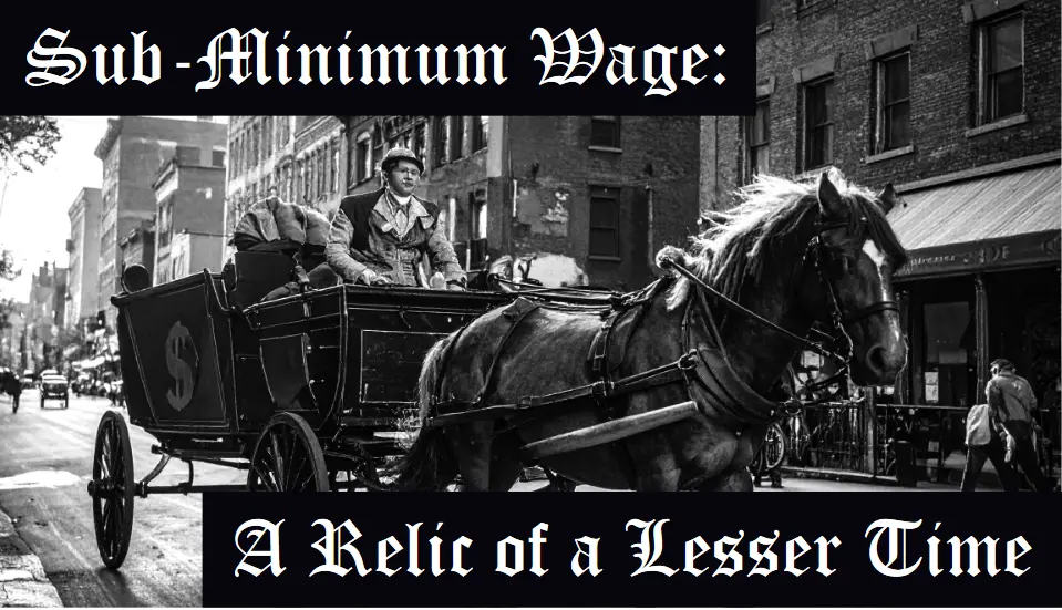 The headline is embedded in old-style Gothic lettering inside a black-and-white photograph that shows a horse pulling a wooden delivery wagon down a city street. The horse is harnessed and mid-step, with its mane slightly tousled. A driver wearing a cap and layered clothing sits at the front of the wagon, holding the reins. The wagon appears loaded with goods, including several large bags or bundles stacked behind the driver.  The street is lined with older brick buildings, some with storefronts at ground level. A few pedestrians walk along the sidewalk to the right. In the background, additional buildings and a few distant vehicles are visible, suggesting an early- to mid-20th-century urban setting. Overhead wires run along the street, and the overall scene has a historic, working-city atmosphere.