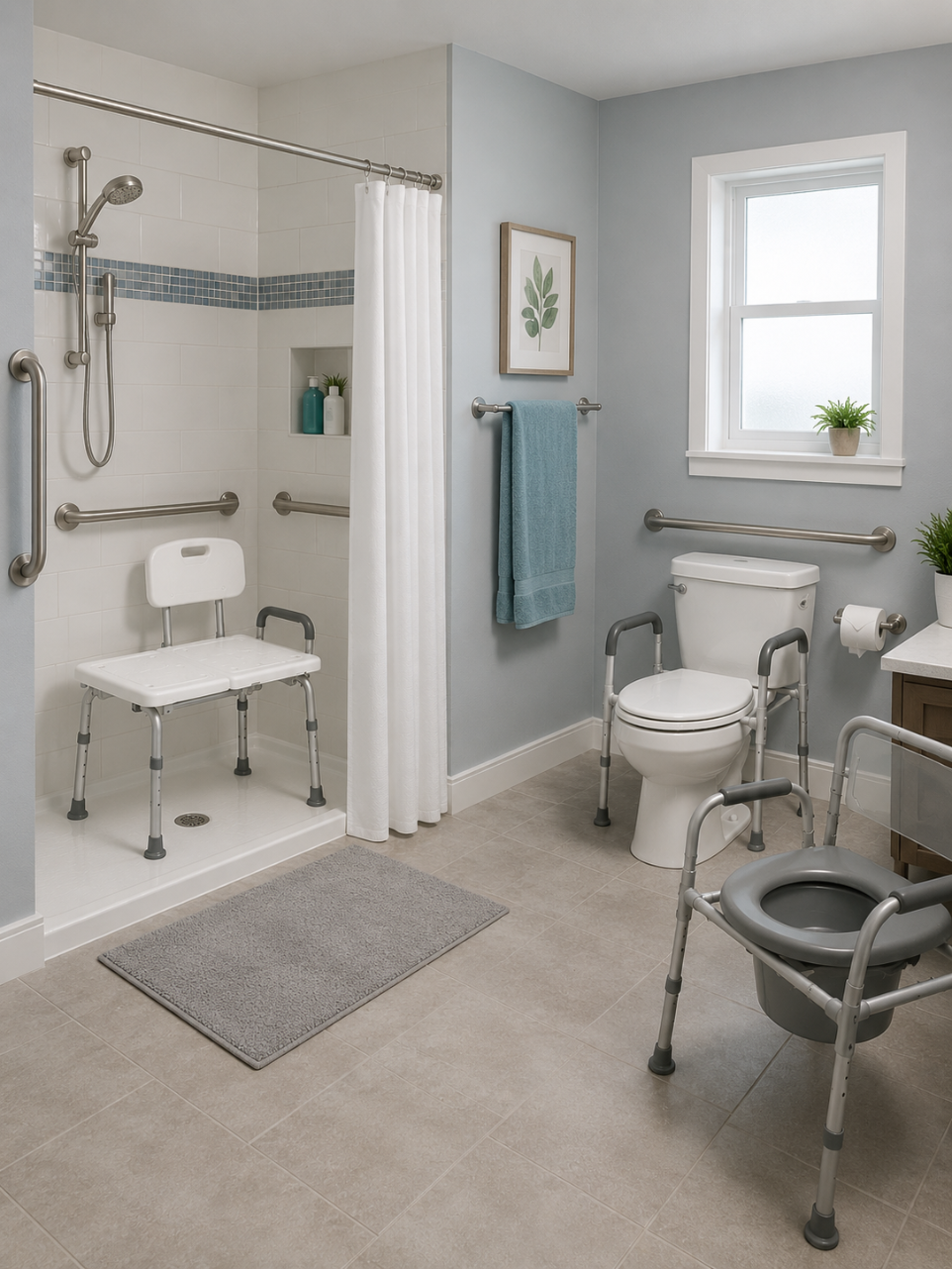Image shows a bathroom outfitted with accessible equipment.