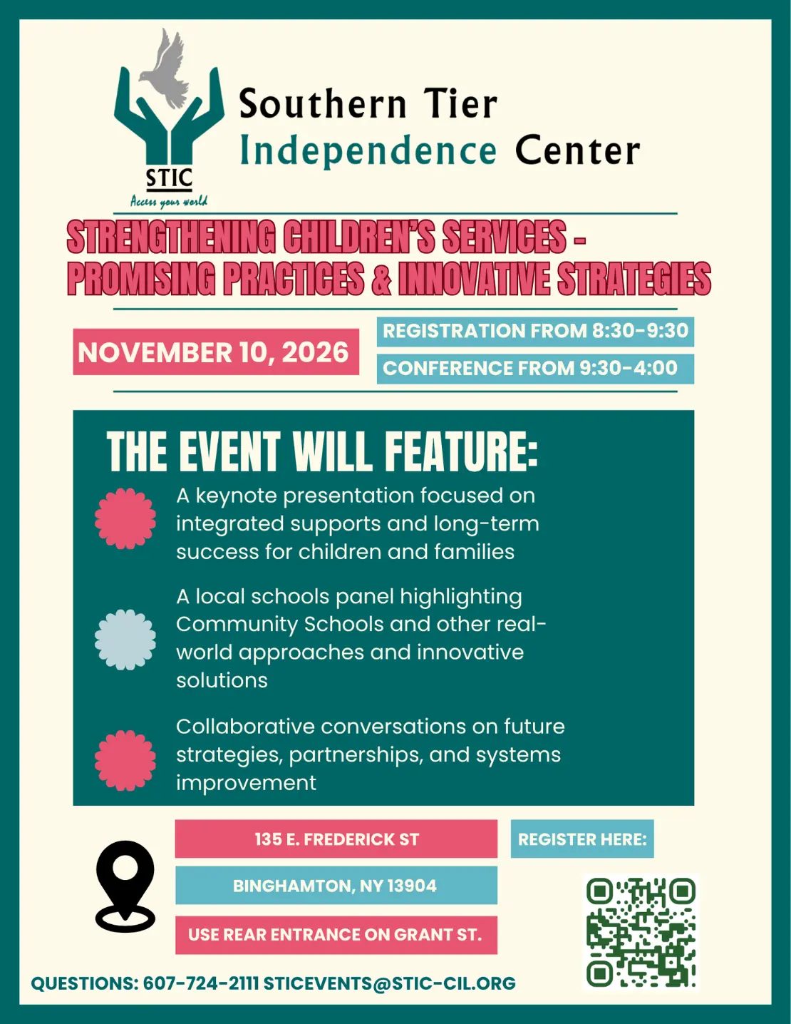Promotional poster for the Strengthening Children’s Services Conference. in addition to the information above it specifies that the event will be held at 135 East Frederick Street Binghamton, NY, and attendees shoud enter throught the rear entrance on grant street.